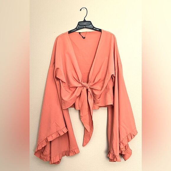 Shein Ruffle Bell Sleeve Tie Front Top - Picture 3 of 7